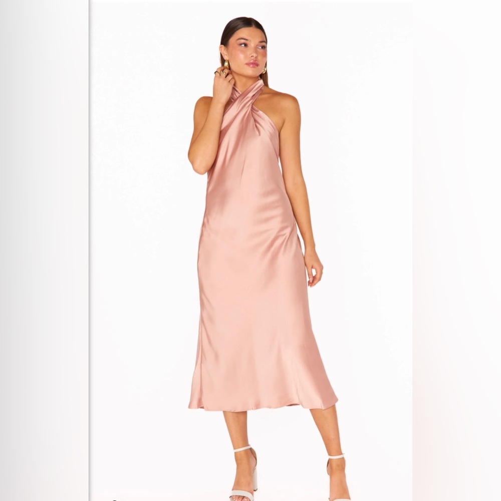 Jasmine Halter Midi Dress ~ Rose Gold Luxe Satin
XS - Show me your mumu